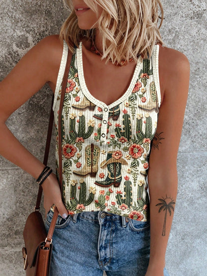LUNE Plus Size Summer Western Cowboy Cactus Print Tank Top