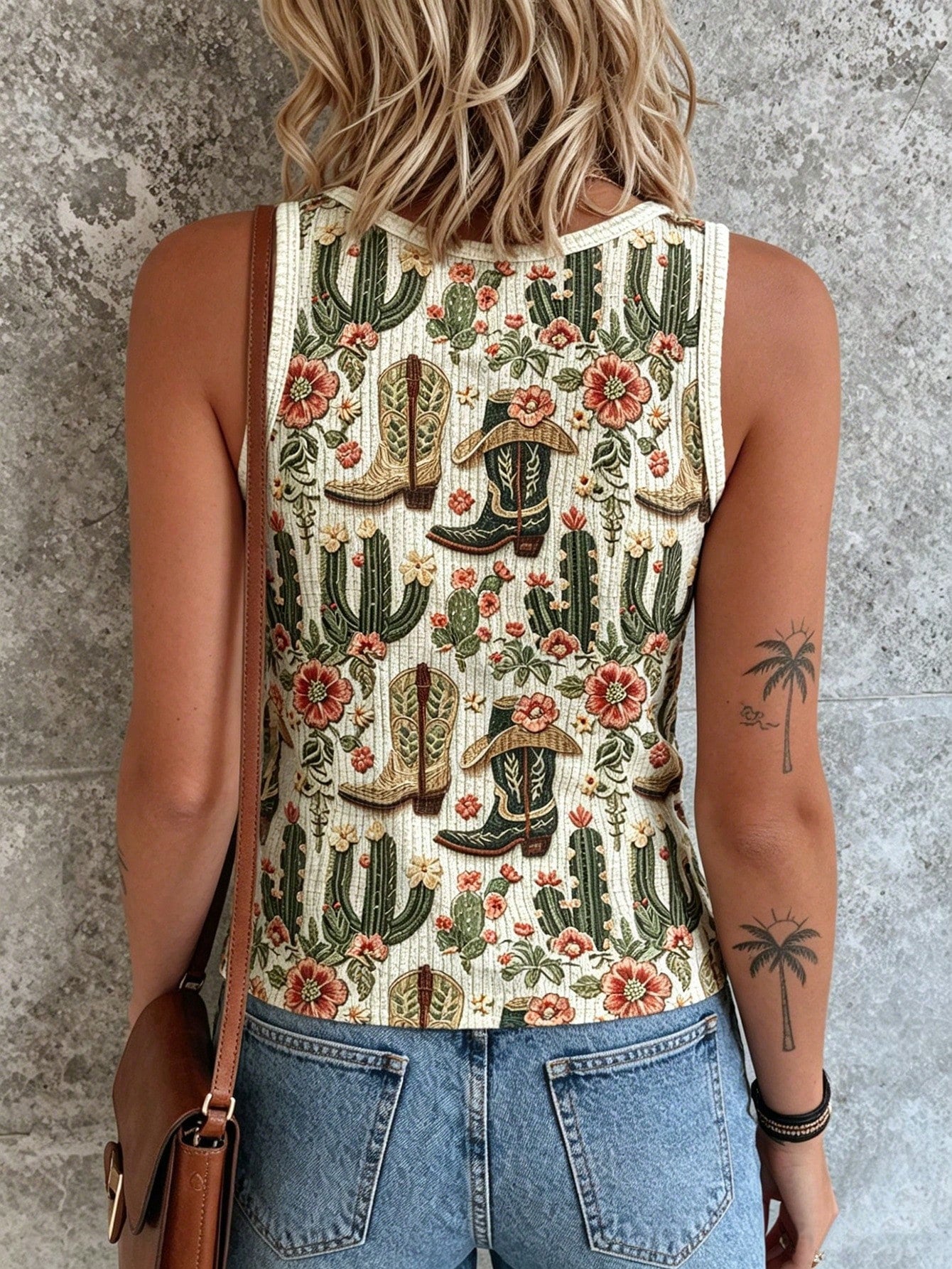 LUNE Plus Size Summer Western Cowboy Cactus Print Tank Top