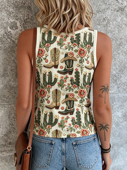 LUNE Plus Size Summer Western Cowboy Cactus Print Tank Top