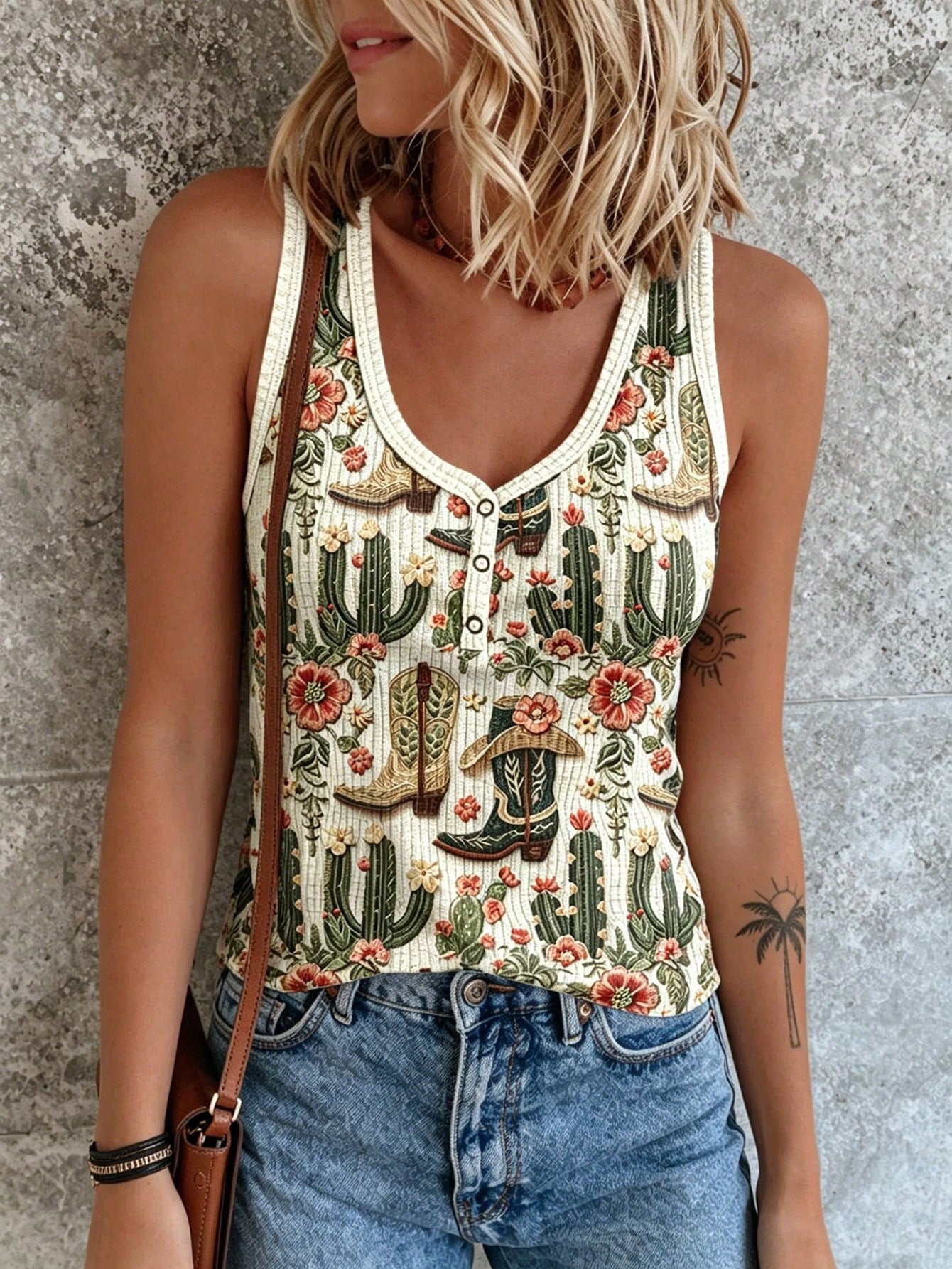 LUNE Plus Size Summer Western Cowboy Cactus Print Tank Top