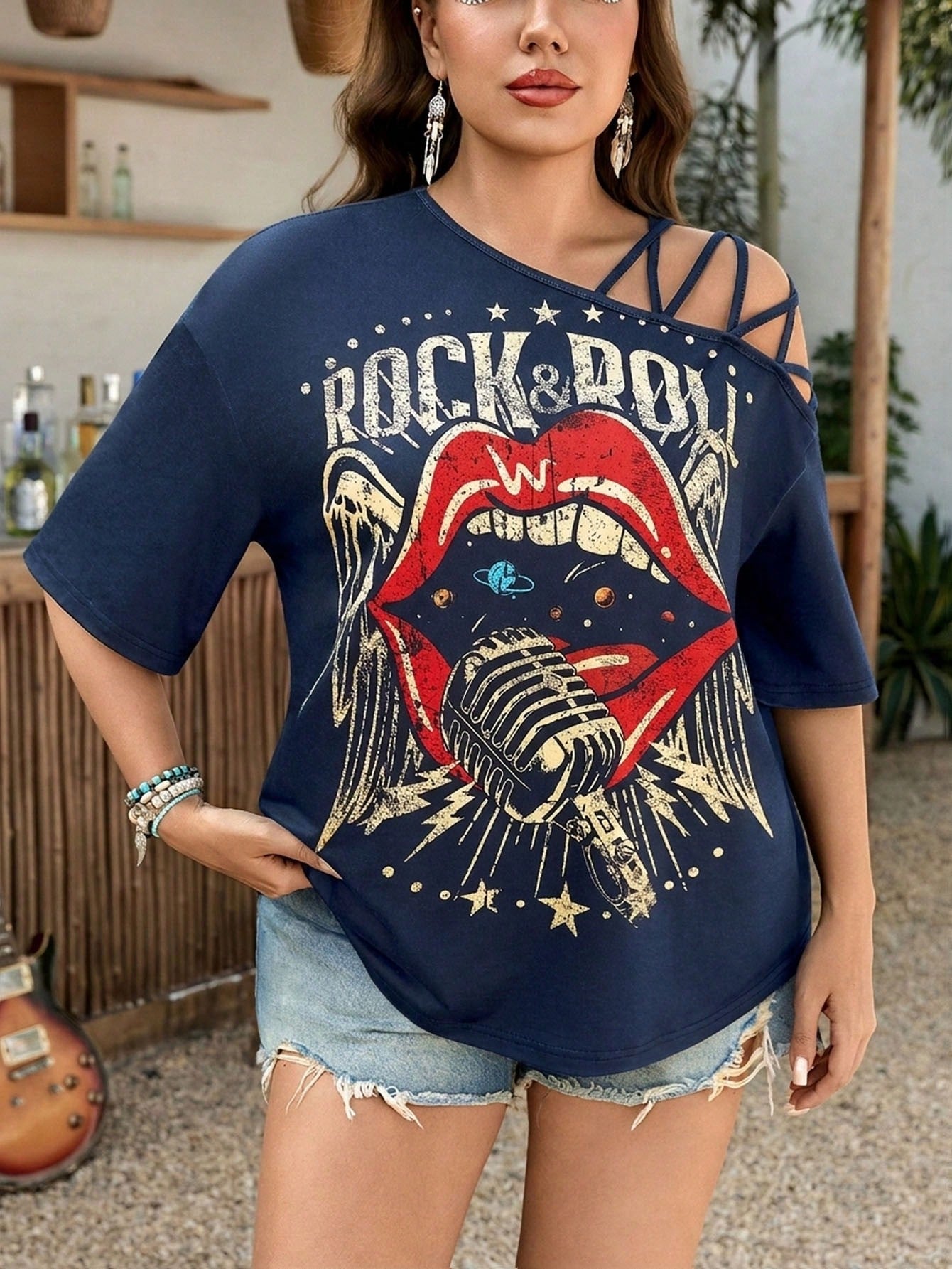 LUNE Plus-Size Summer Women'S Black Off-The-Shoulder Summer Music Festival T-Shirt For Plate-Sized Women, Casual, Versatile And Fashionable Women'S T-Shirt