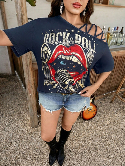 LUNE Plus-Size Summer Women'S Black Off-The-Shoulder Summer Music Festival T-Shirt For Plate-Sized Women, Casual, Versatile And Fashionable Women'S T-Shirt