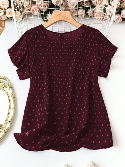 LUNE Plus Size V-Neck Short Sleeve Polka Dot Casual Loose Comfortable Fashionable Shirt, For Summer