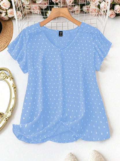 LUNE Plus Size V-Neck Short Sleeve Polka Dot Casual Loose Comfortable Fashionable Shirt, For Summer