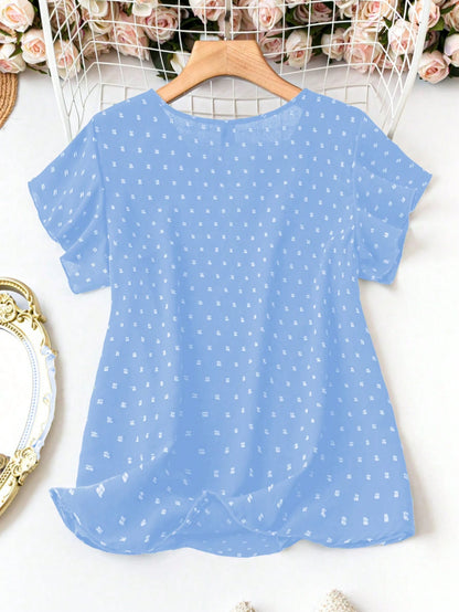 LUNE Plus Size V-Neck Short Sleeve Polka Dot Casual Loose Comfortable Fashionable Shirt, For Summer