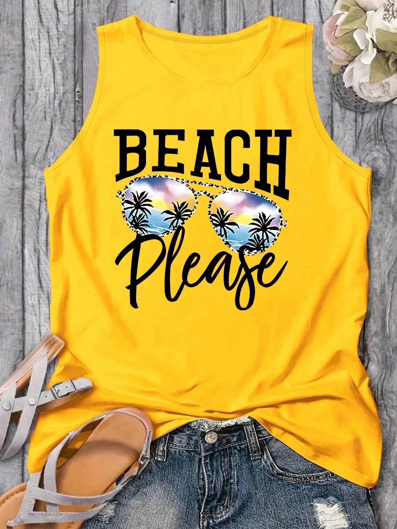 LUNE Plus Size Women's Casual Palm Tree & Letter Print Tank Top, Vacation Wear