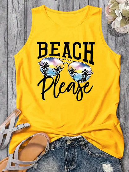 LUNE Plus Size Women's Casual Palm Tree & Letter Print Tank Top, Vacation Wear
