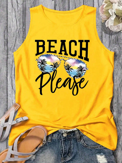 LUNE Plus Size Women's Casual Palm Tree & Letter Print Tank Top, Vacation Wear