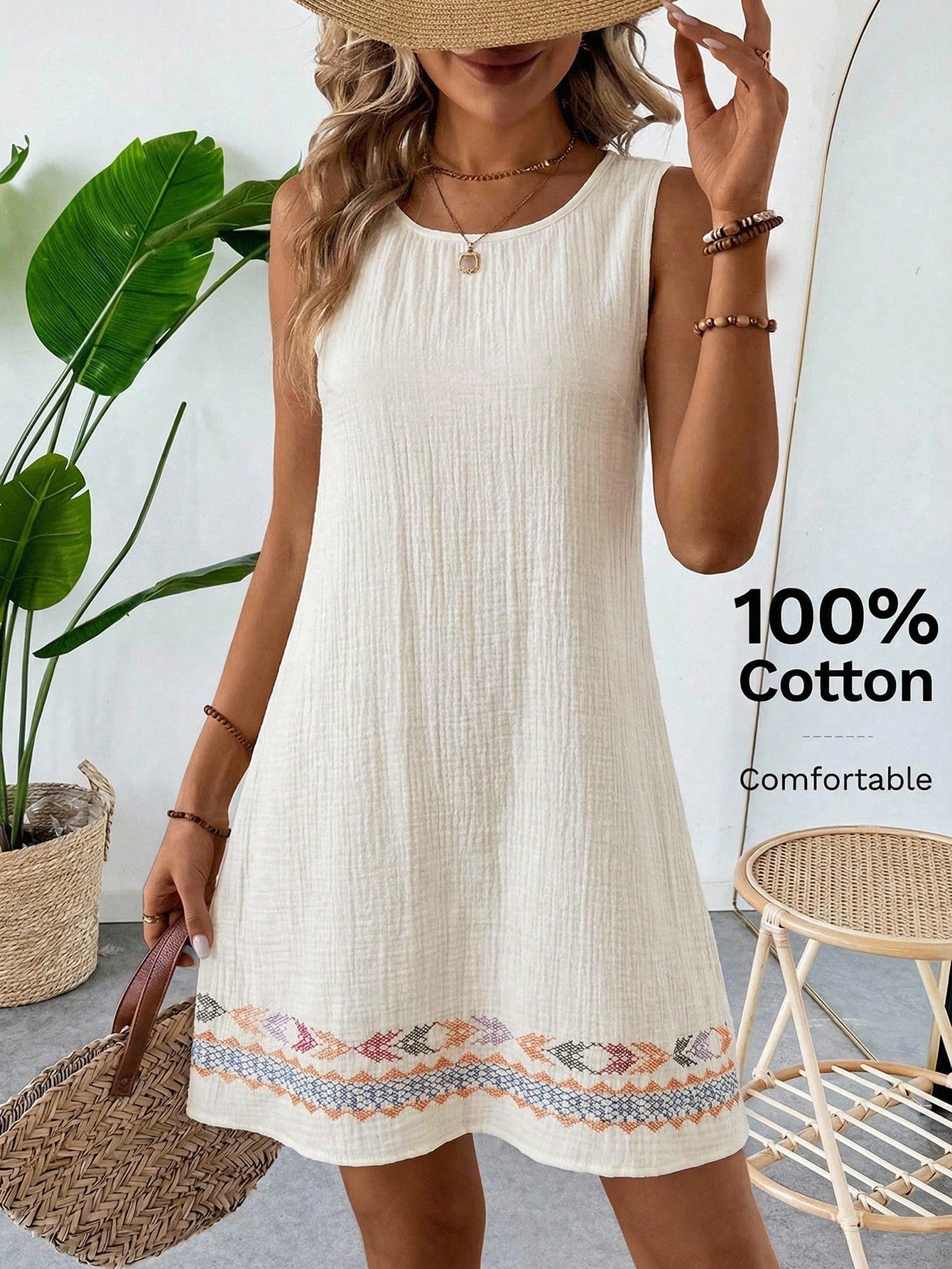 LUNE Summer Casual Tropical Beach Vacation Vacation Vacation Vacation Vacation Cotton Linen Textured Beige Sleeveless Shift Dress For Women Sundress Boho