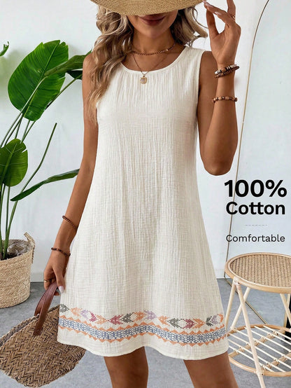 LUNE Summer Casual Tropical Beach Vacation Vacation Vacation Vacation Vacation Cotton Linen Textured Beige Sleeveless Shift Dress For Women Sundress Boho