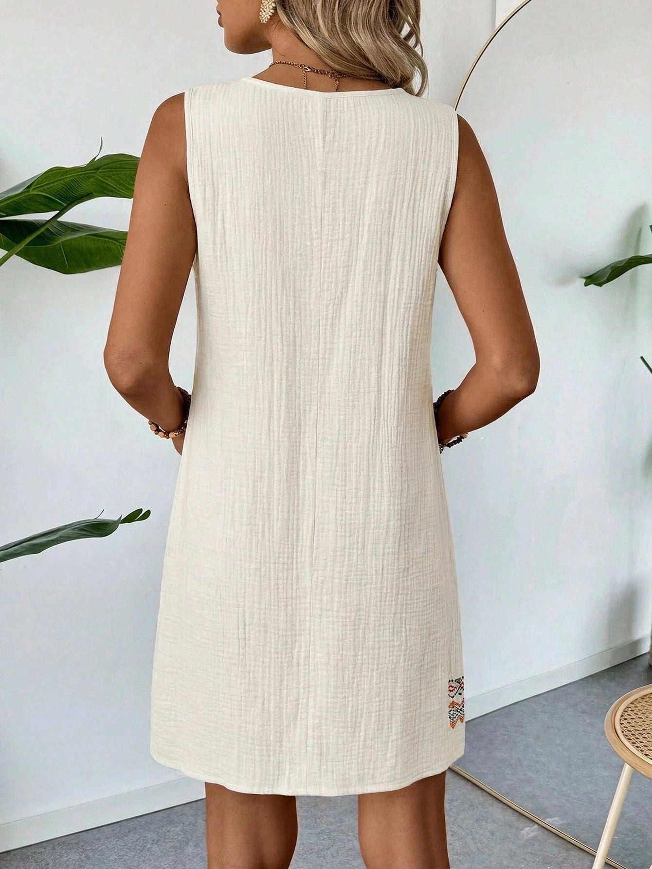 LUNE Summer Casual Tropical Beach Vacation Vacation Vacation Vacation Vacation Cotton Linen Textured Beige Sleeveless Shift Dress For Women Sundress Boho