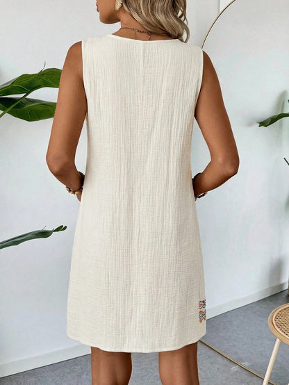 LUNE Summer Casual Tropical Beach Vacation Vacation Vacation Vacation Vacation Cotton Linen Textured Beige Sleeveless Shift Dress For Women Sundress Boho