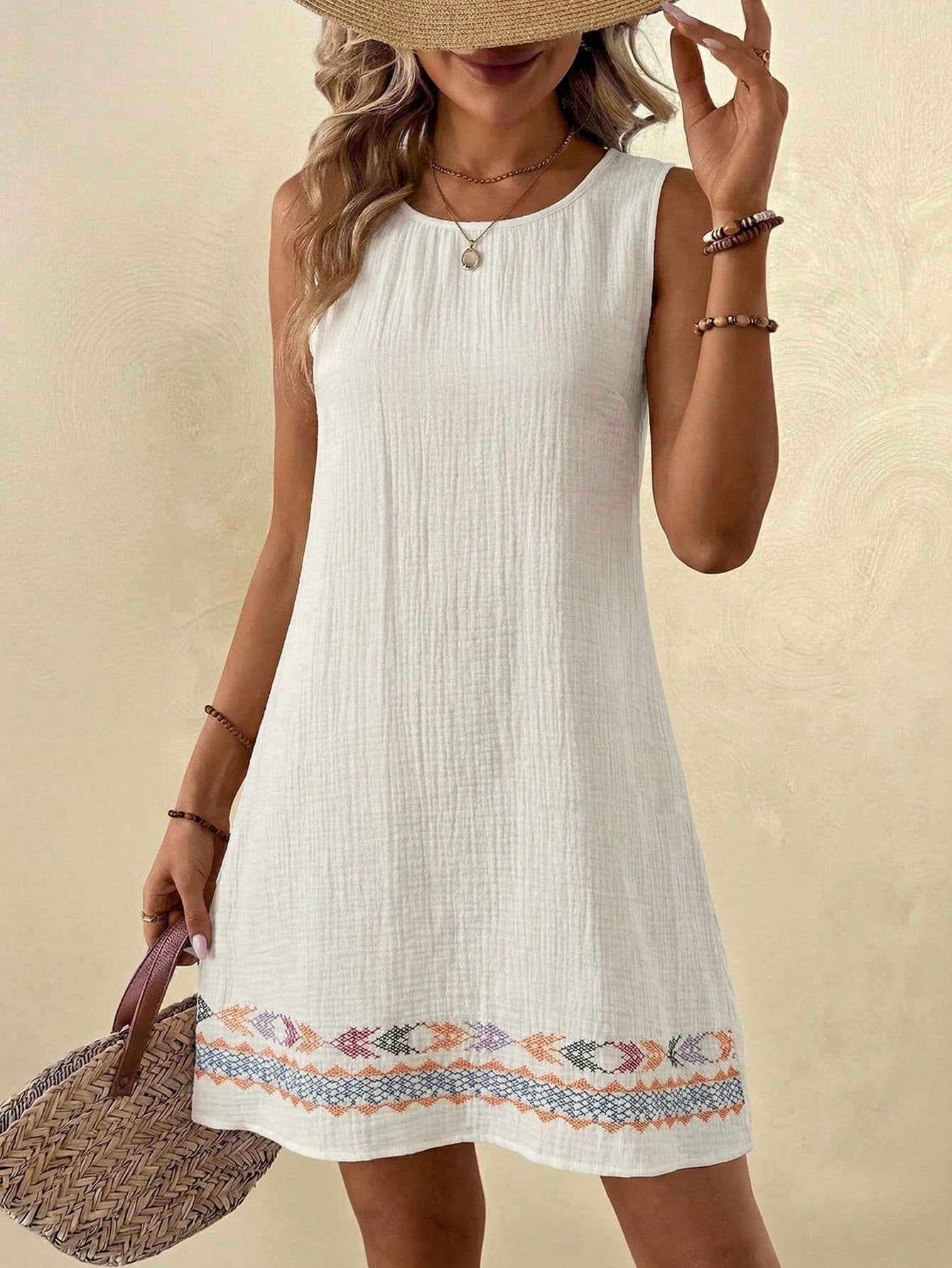 LUNE Summer Casual Tropical Beach Vacation Vacation Vacation Vacation Vacation Cotton Linen Textured Beige Sleeveless Shift Dress For Women Sundress Boho