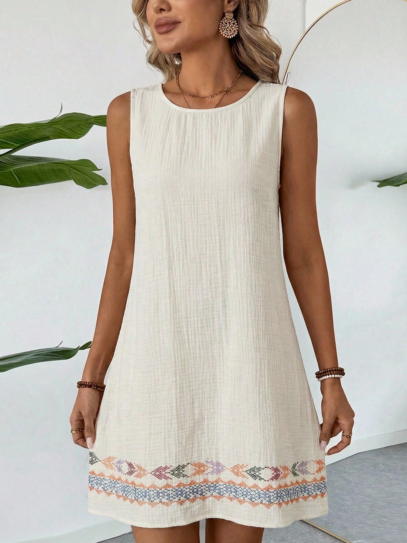 LUNE Summer Casual Tropical Beach Vacation Vacation Vacation Vacation Vacation Cotton Linen Textured Beige Sleeveless Shift Dress For Women Sundress Boho