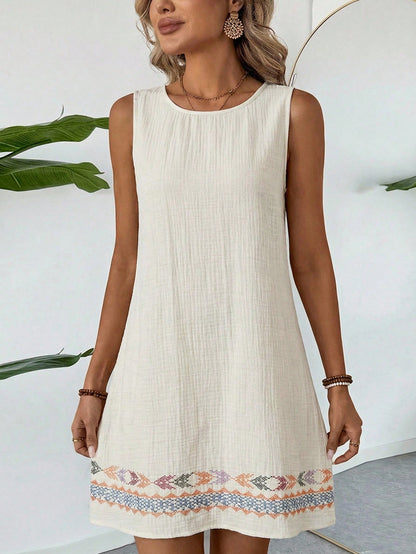 LUNE Summer Casual Tropical Beach Vacation Vacation Vacation Vacation Vacation Cotton Linen Textured Beige Sleeveless Shift Dress For Women Sundress Boho