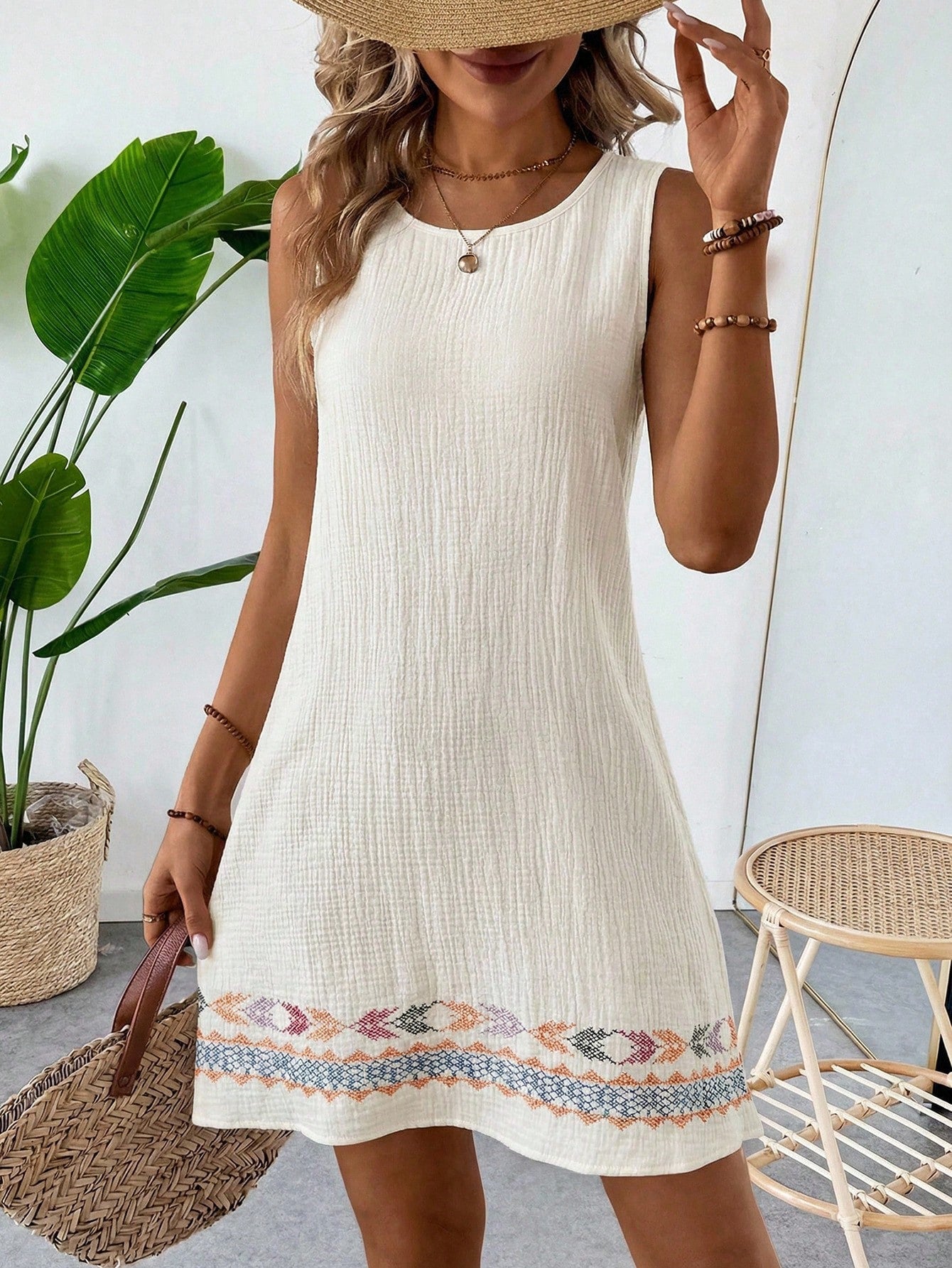 LUNE Summer Casual Tropical Beach Vacation Vacation Vacation Vacation Vacation Cotton Linen Textured Beige Sleeveless Shift Dress For Women Sundress Boho
