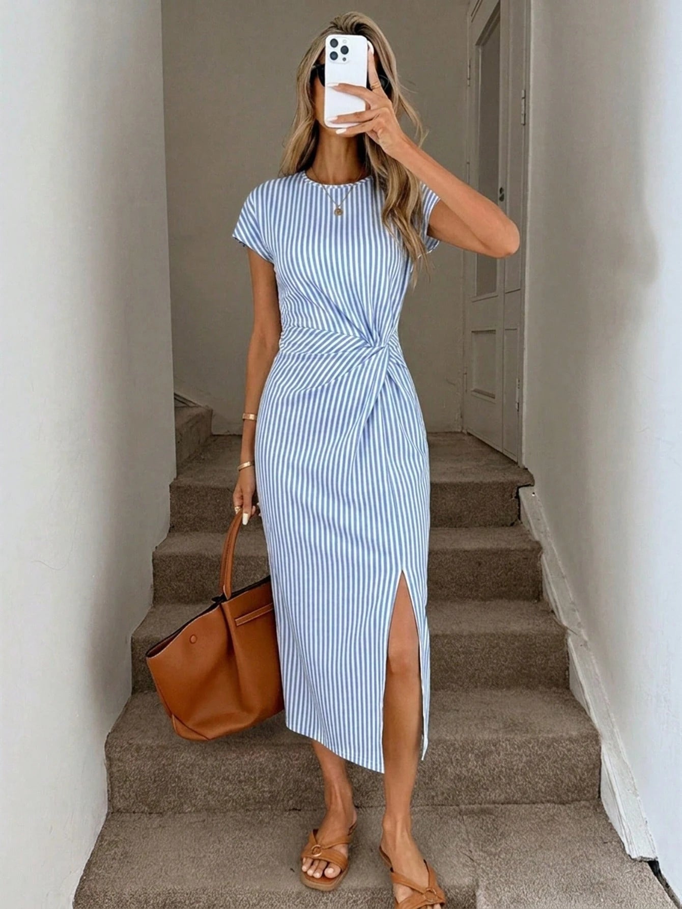 LUNE Vintage Blue And White Stripe Nautical Print Elegant Waist Twist High Slit Sleeveless Midi Dress,Women Summer Casual Vacation Knit Bodycon Outfit