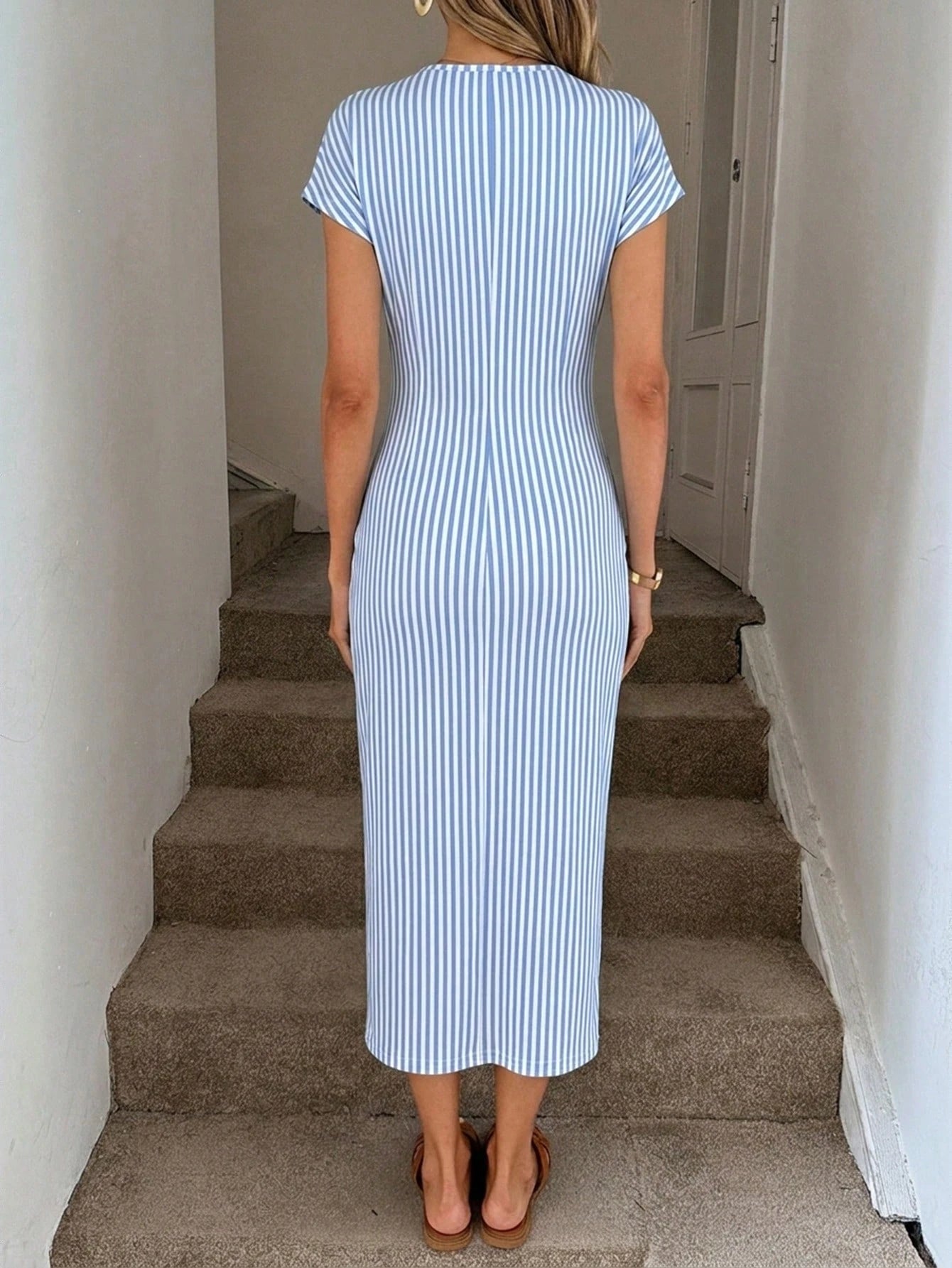 LUNE Vintage Blue And White Stripe Nautical Print Elegant Waist Twist High Slit Sleeveless Midi Dress,Women Summer Casual Vacation Knit Bodycon Outfit