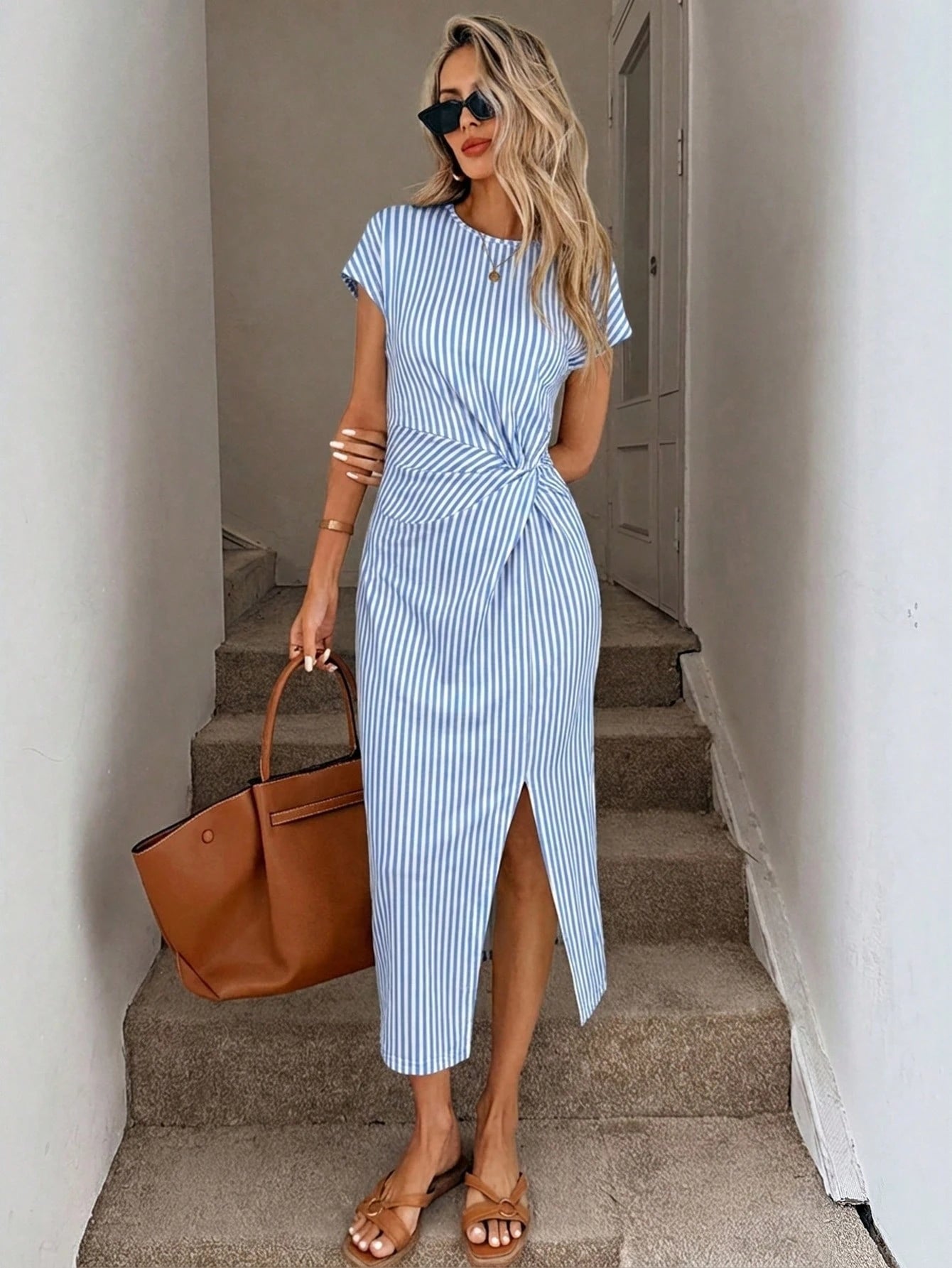 LUNE Vintage Blue And White Stripe Nautical Print Elegant Waist Twist High Slit Sleeveless Midi Dress,Women Summer Casual Vacation Knit Bodycon Outfit