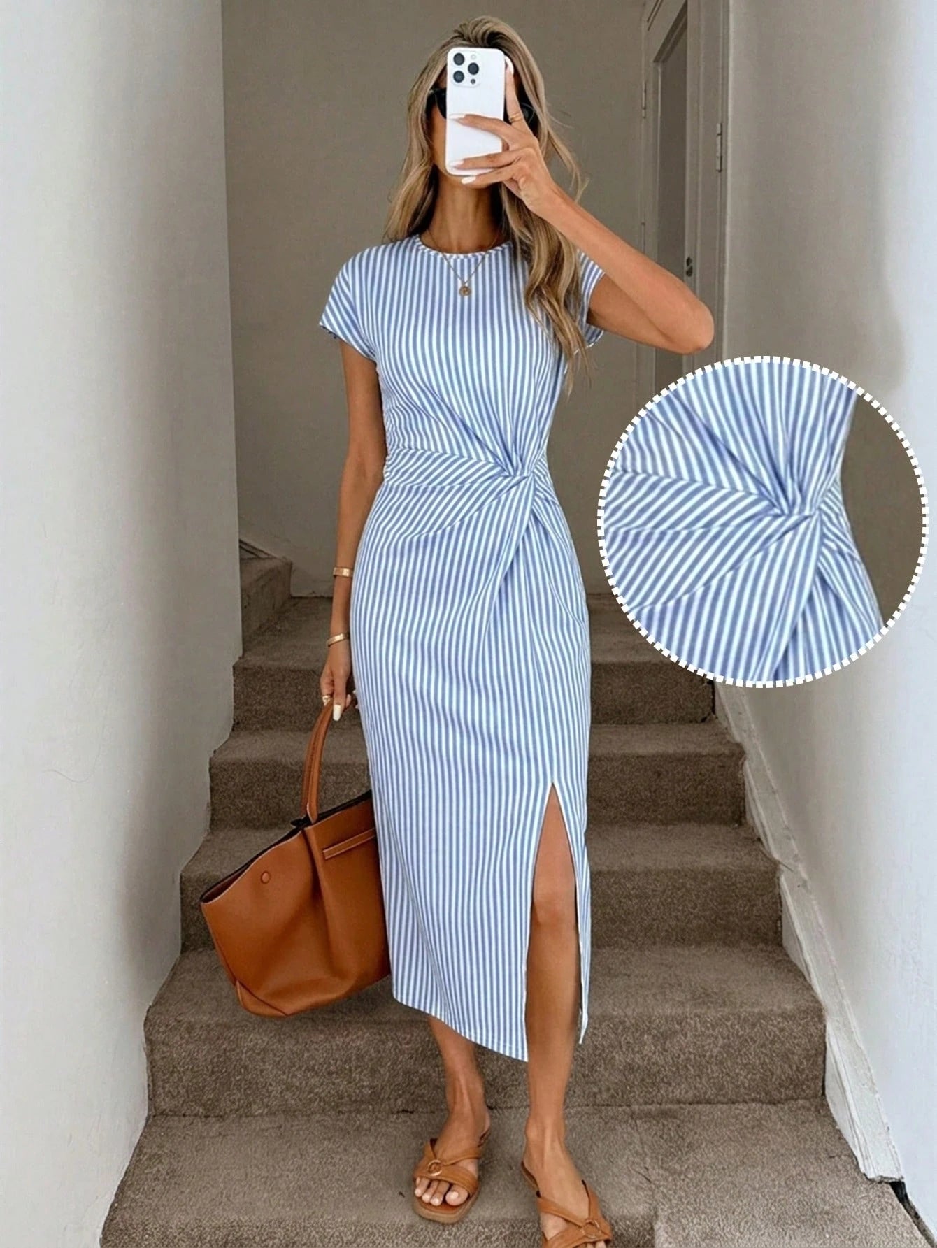 LUNE Vintage Blue And White Stripe Nautical Print Elegant Waist Twist High Slit Sleeveless Midi Dress,Women Summer Casual Vacation Knit Bodycon Outfit