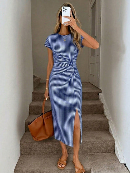 LUNE Vintage Blue And White Stripe Nautical Print Elegant Waist Twist High Slit Sleeveless Midi Dress,Women Summer Casual Vacation Knit Bodycon Outfit