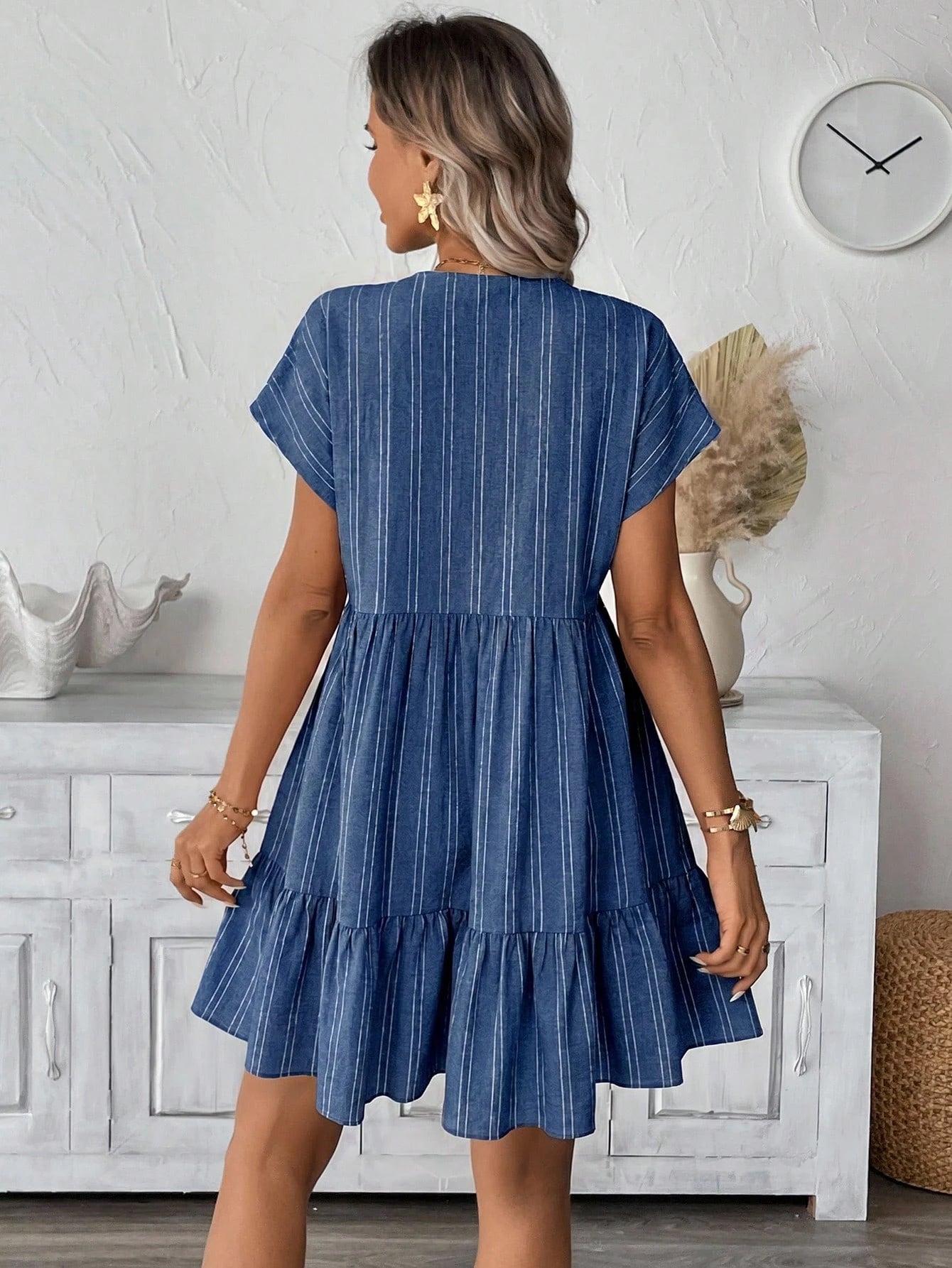 LUNE Women's Blue Striped Print Short Dress