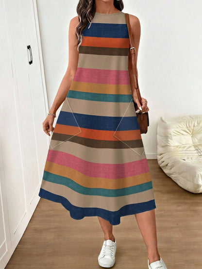 LUNE Women's Casual Boho Blue Striped Colorblock Print Mid-Length Dress, Suitable For Spring/Summer Vacation