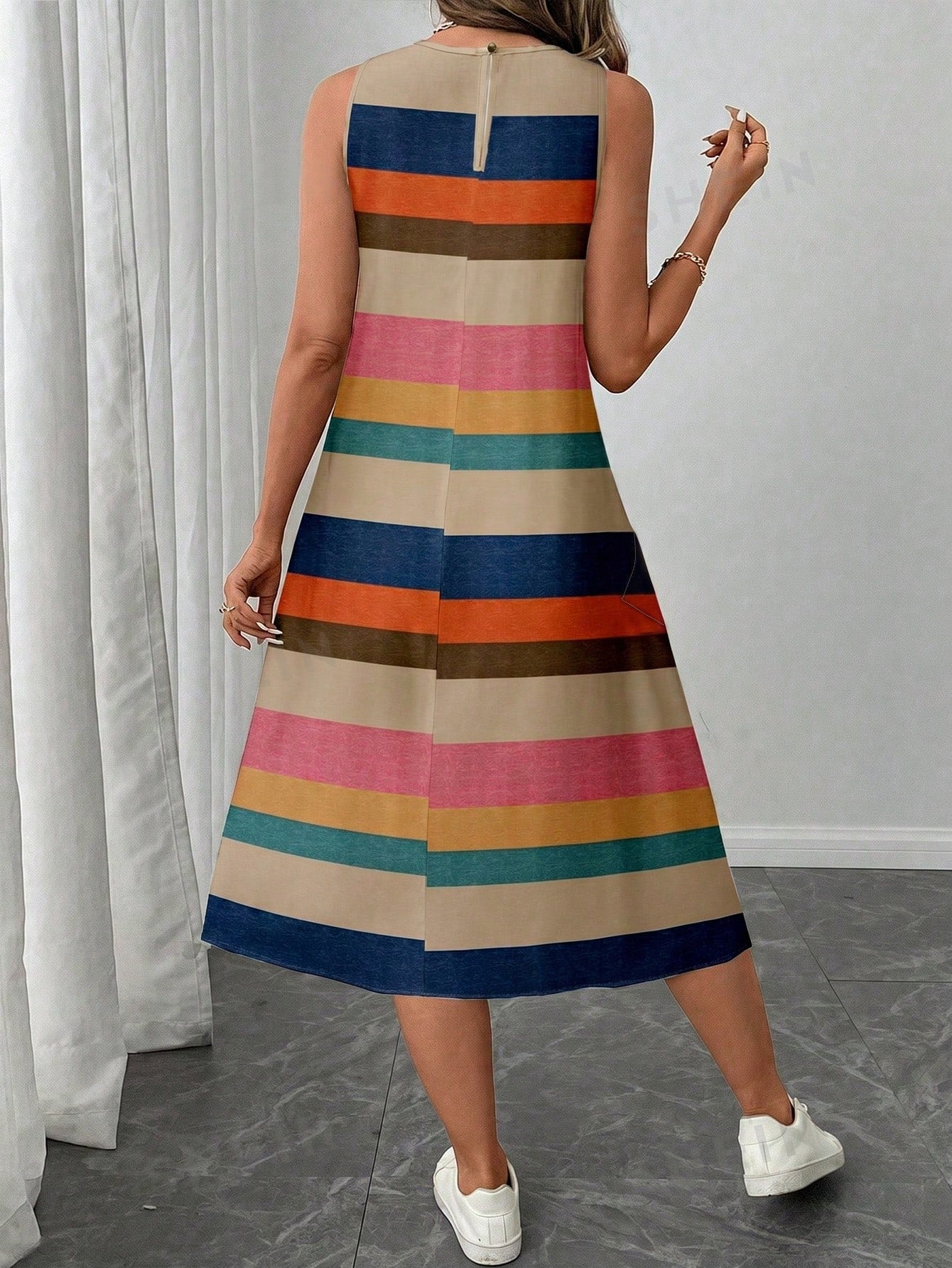 LUNE Women's Casual Boho Blue Striped Colorblock Print Mid-Length Dress, Suitable For Spring/Summer Vacation