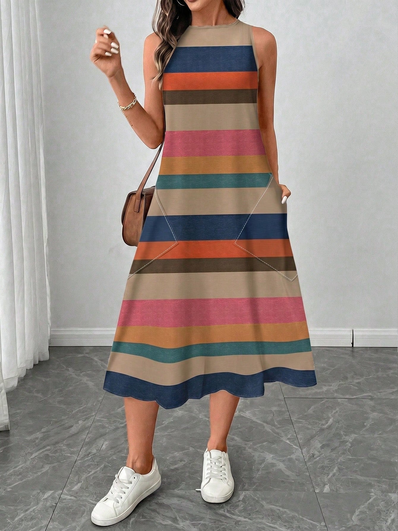 LUNE Women's Casual Boho Blue Striped Colorblock Print Mid-Length Dress, Suitable For Spring/Summer Vacation