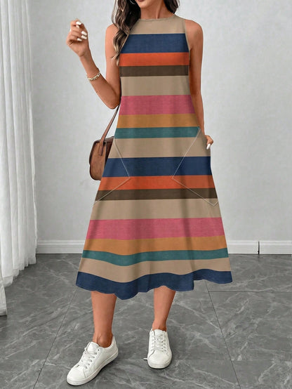 LUNE Women's Casual Boho Blue Striped Colorblock Print Mid-Length Dress, Suitable For Spring/Summer Vacation