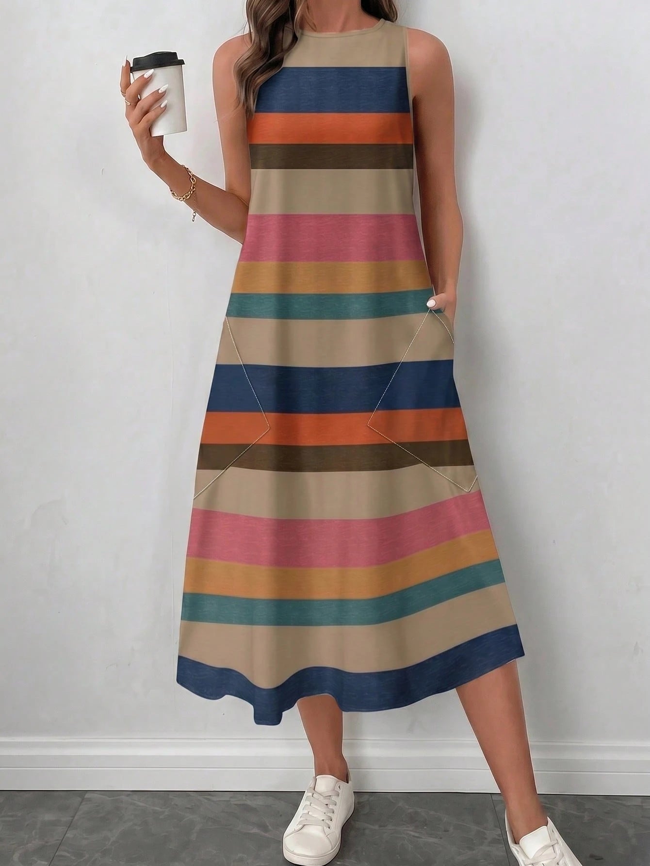 LUNE Women's Casual Boho Blue Striped Colorblock Print Mid-Length Dress, Suitable For Spring/Summer Vacation