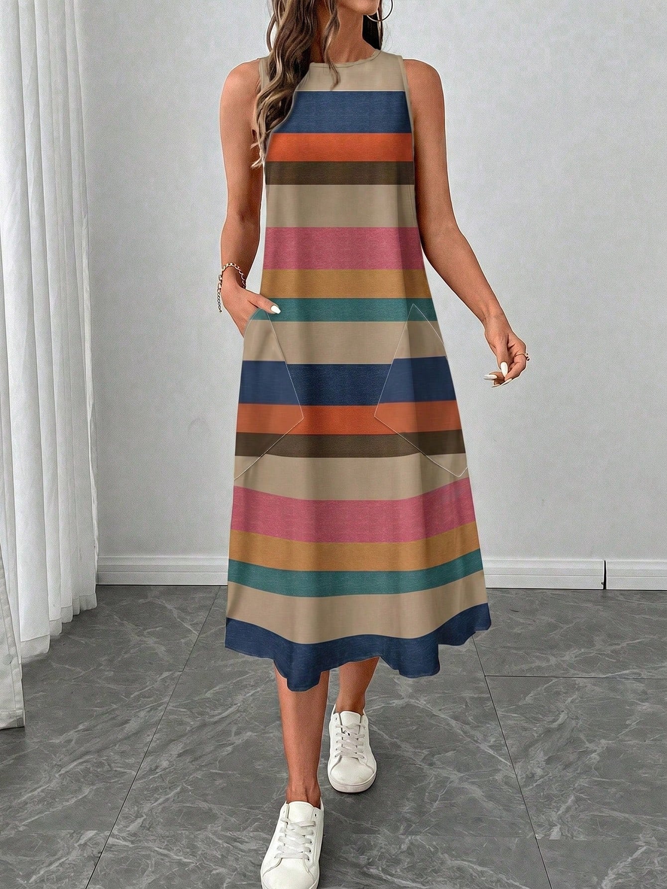 LUNE Women's Casual Boho Blue Striped Colorblock Print Mid-Length Dress, Suitable For Spring/Summer Vacation