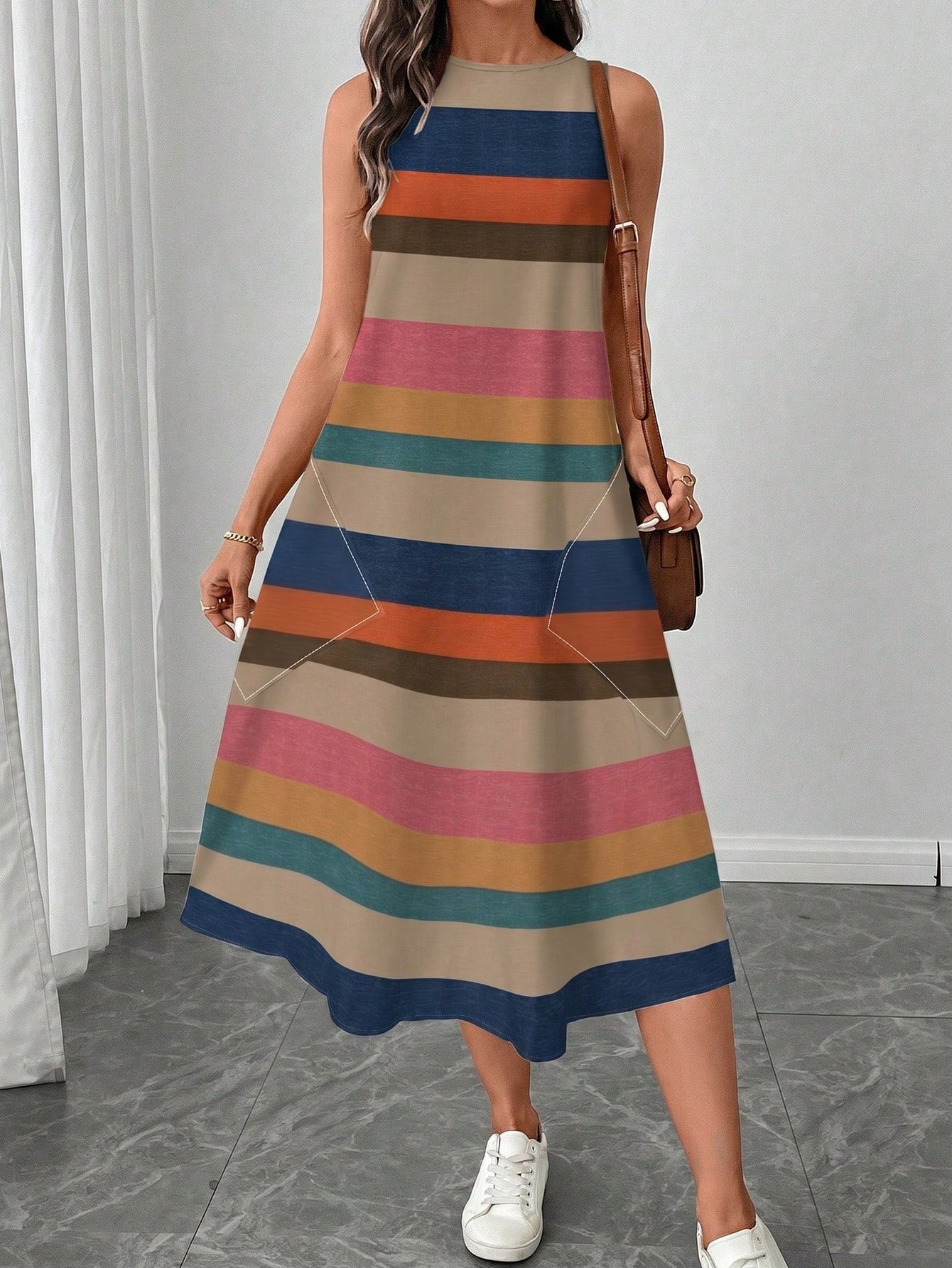 LUNE Women's Casual Boho Blue Striped Colorblock Print Mid-Length Dress, Suitable For Spring/Summer Vacation