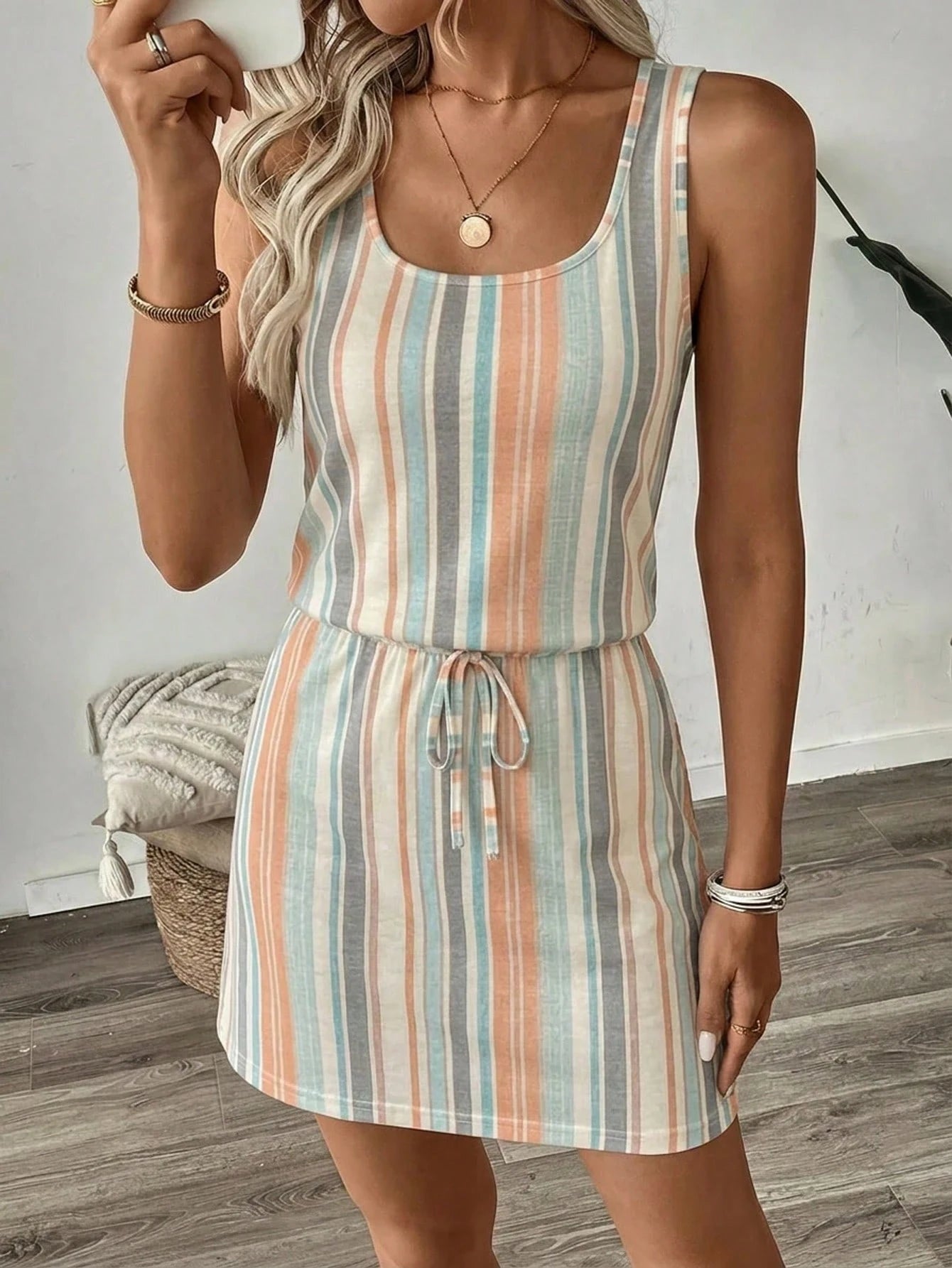 LUNE Women's Casual Coastal Printed Short Dress, Suitable For Spring And Summer Beach Beige