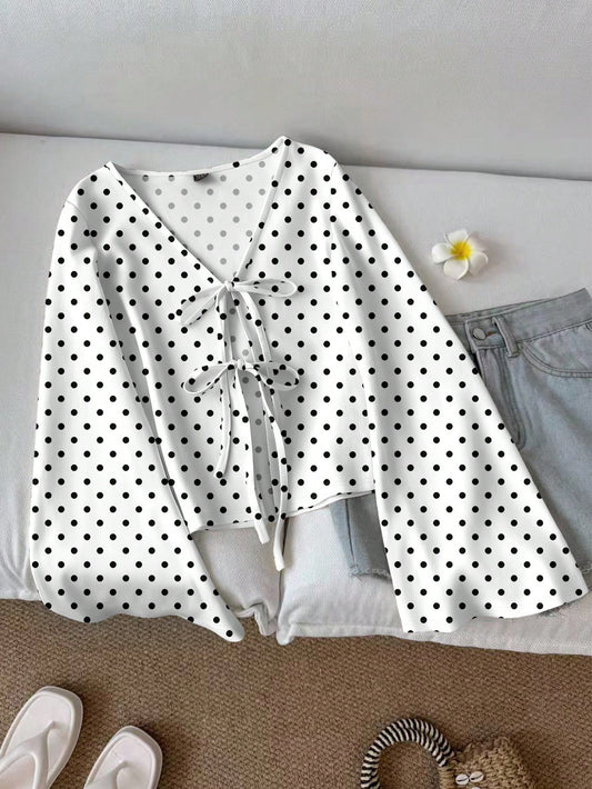LUNE Women's Casual Retro Polka Dot Print Tie Front Flare Sleeve Top, Suitable For Autumn/Winter, Vacation, Beach, Romantic Elegant Chic