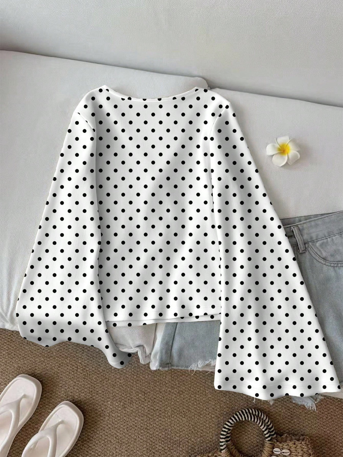 LUNE Women's Casual Retro Polka Dot Print Tie Front Flare Sleeve Top, Suitable For Autumn/Winter, Vacation, Beach, Romantic Elegant Chic