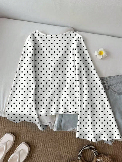 LUNE Women's Casual Retro Polka Dot Print Tie Front Flare Sleeve Top, Suitable For Autumn/Winter, Vacation, Beach, Romantic Elegant Chic