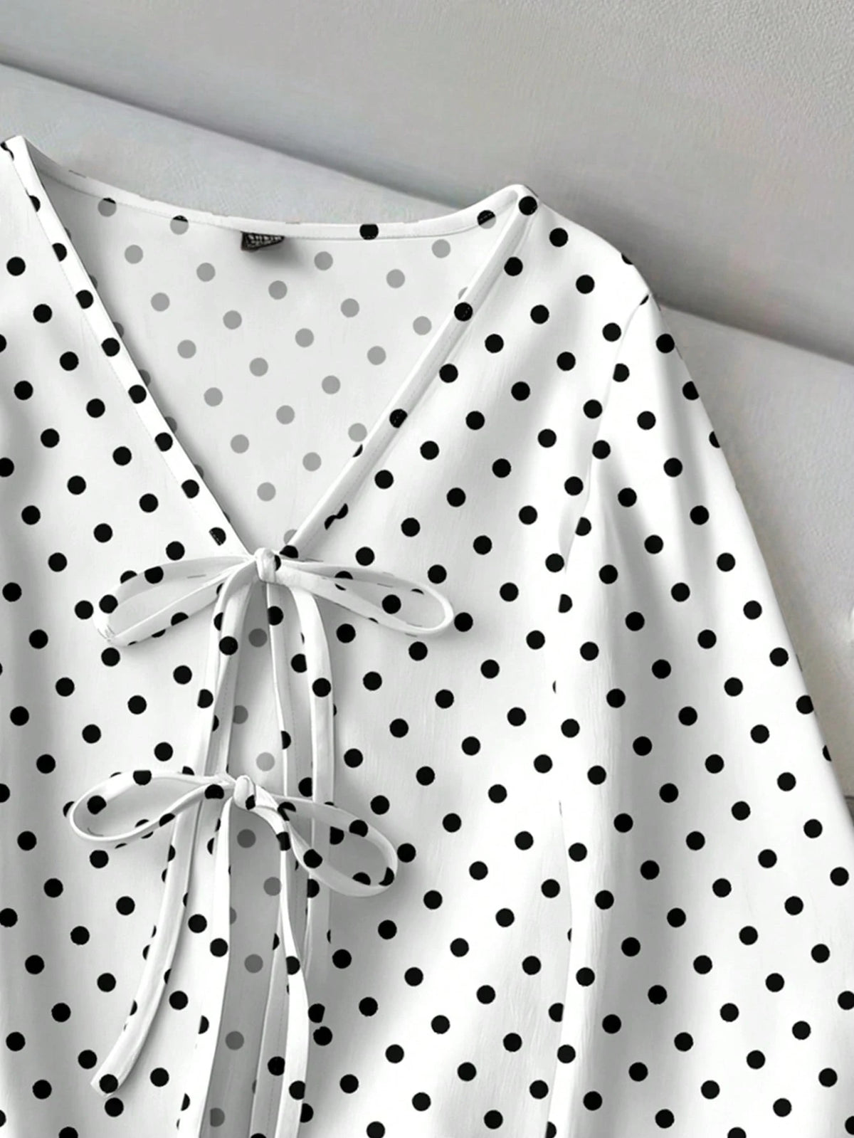 LUNE Women's Casual Retro Polka Dot Print Tie Front Flare Sleeve Top, Suitable For Autumn/Winter, Vacation, Beach, Romantic Elegant Chic