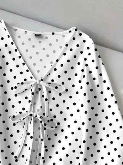 LUNE Women's Casual Retro Polka Dot Print Tie Front Flare Sleeve Top, Suitable For Autumn/Winter, Vacation, Beach, Romantic Elegant Chic