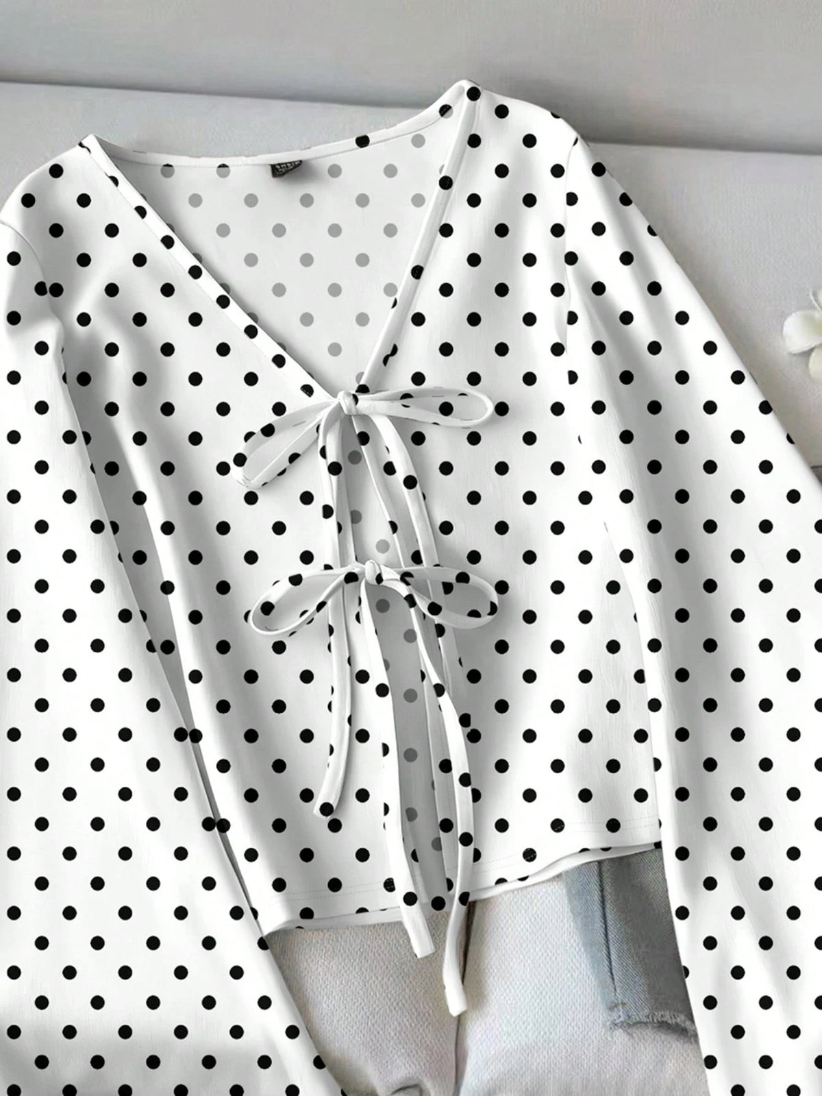 LUNE Women's Casual Retro Polka Dot Print Tie Front Flare Sleeve Top, Suitable For Autumn/Winter, Vacation, Beach, Romantic Elegant Chic