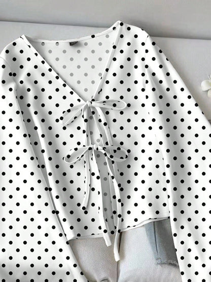 LUNE Women's Casual Retro Polka Dot Print Tie Front Flare Sleeve Top, Suitable For Autumn/Winter, Vacation, Beach, Romantic Elegant Chic