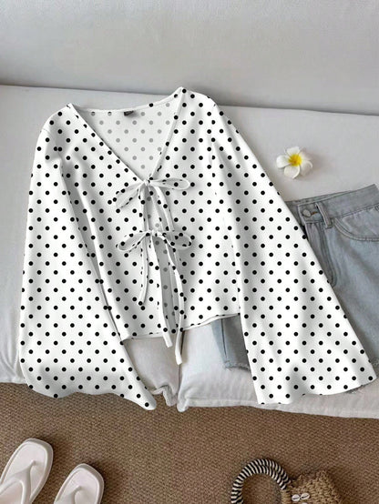 LUNE Women's Casual Retro Polka Dot Print Tie Front Flare Sleeve Top, Suitable For Autumn/Winter, Vacation, Beach, Romantic Elegant Chic
