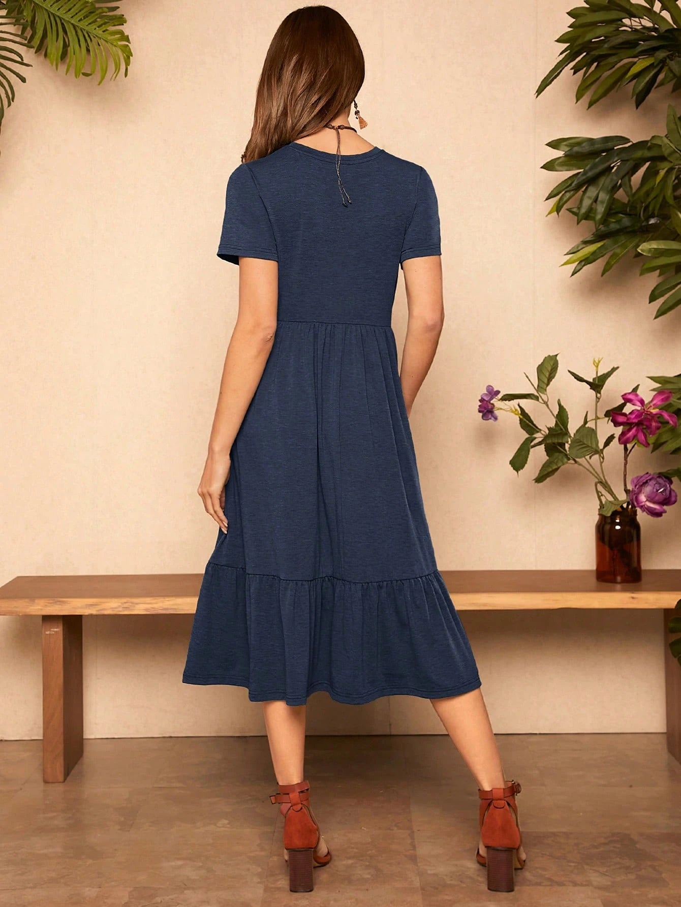 LUNE Women's Casual Solid Color Short Sleeve Dress,Casual