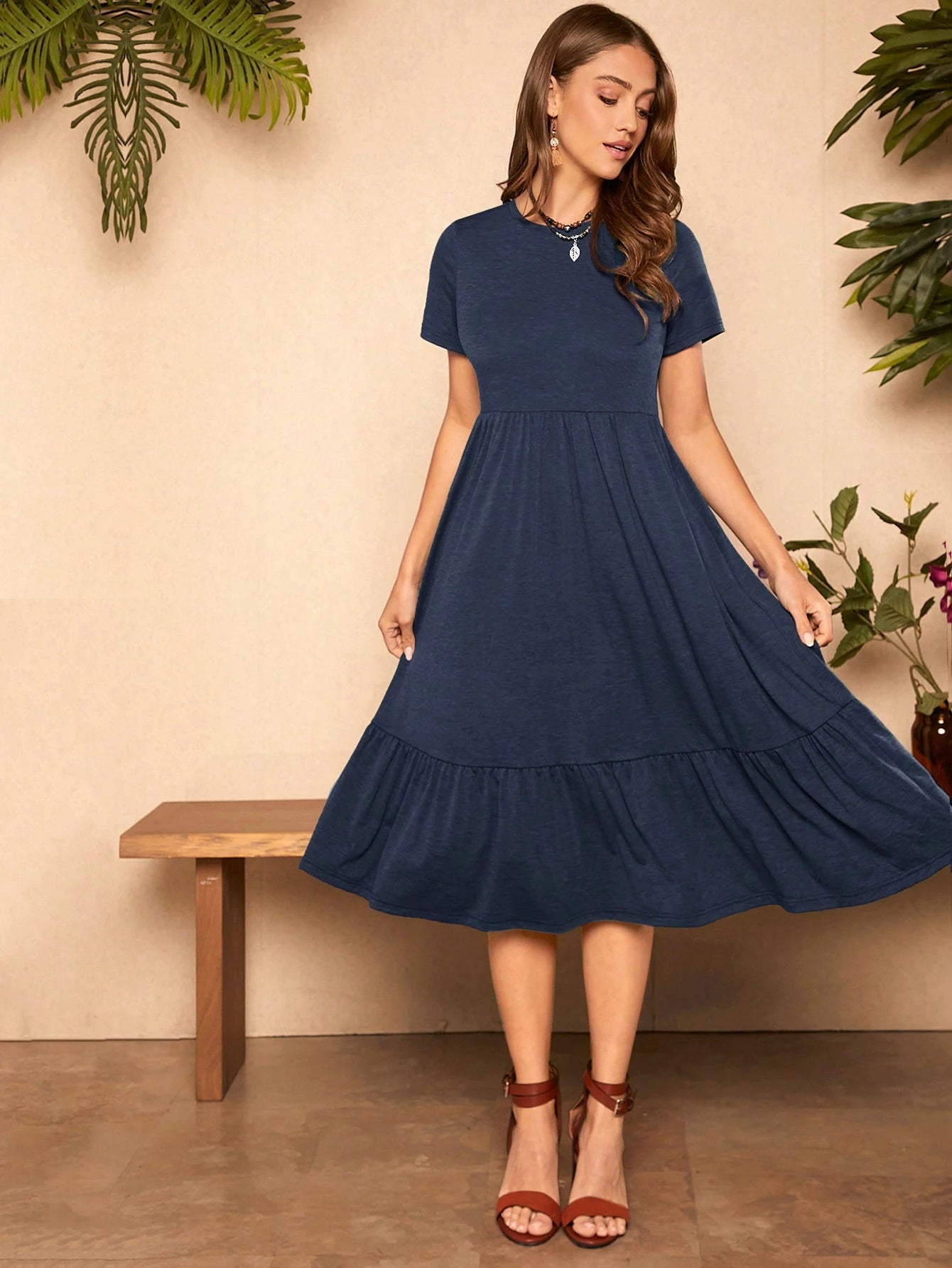 LUNE Women's Casual Solid Color Short Sleeve Dress,Casual