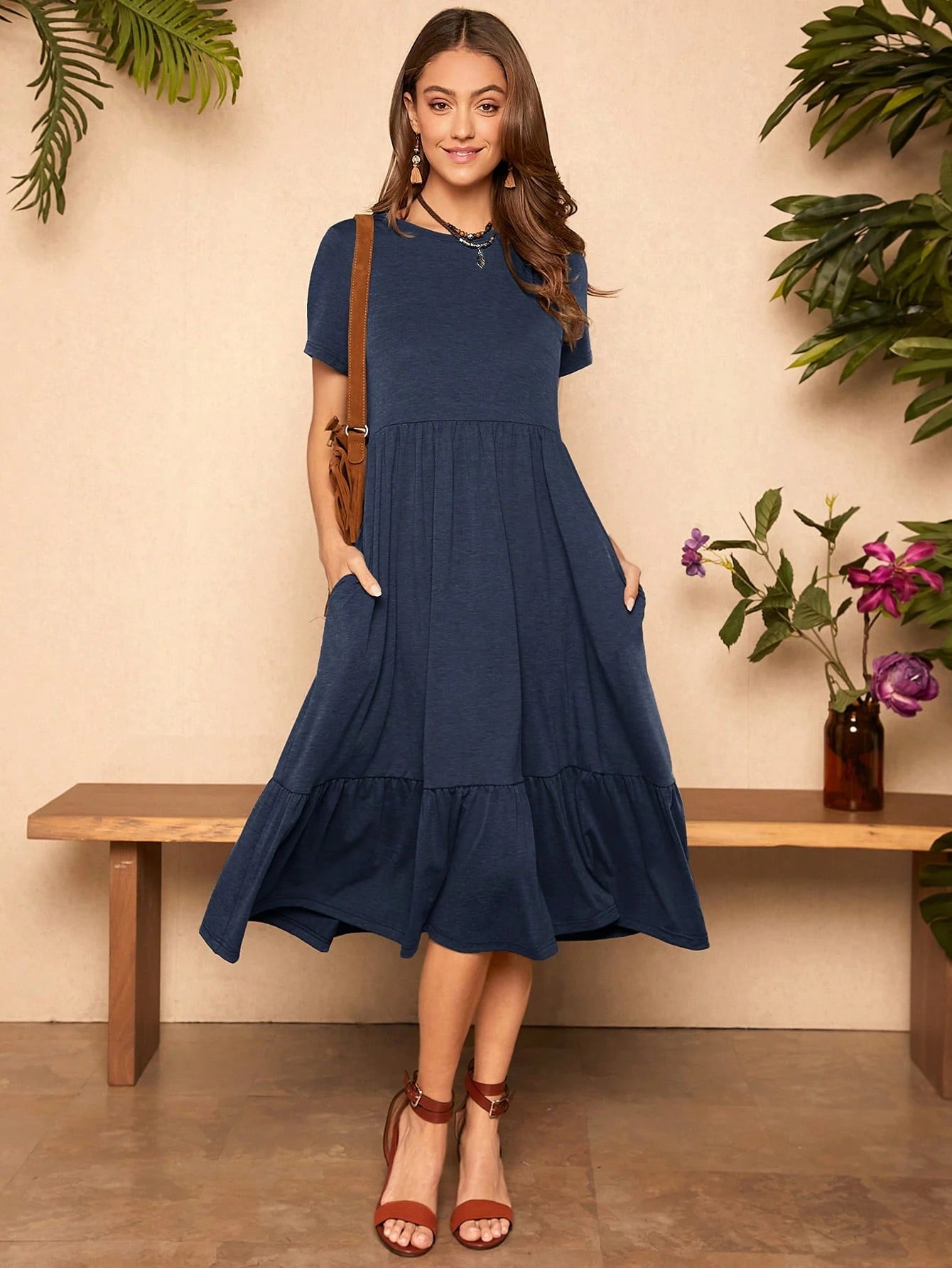 LUNE Women's Casual Solid Color Short Sleeve Dress,Casual