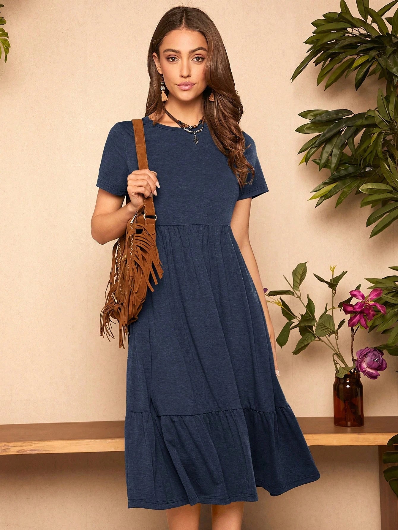 LUNE Women's Casual Solid Color Short Sleeve Dress,Casual