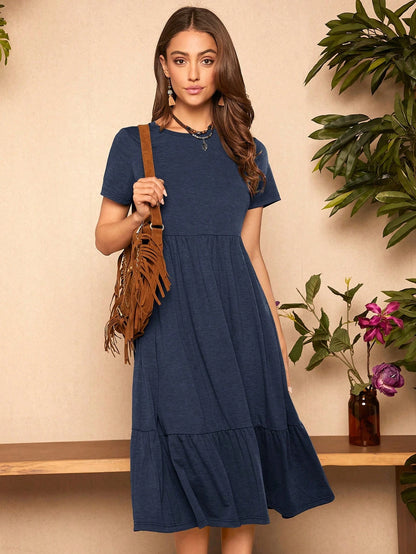 LUNE Women's Casual Solid Color Short Sleeve Dress,Casual