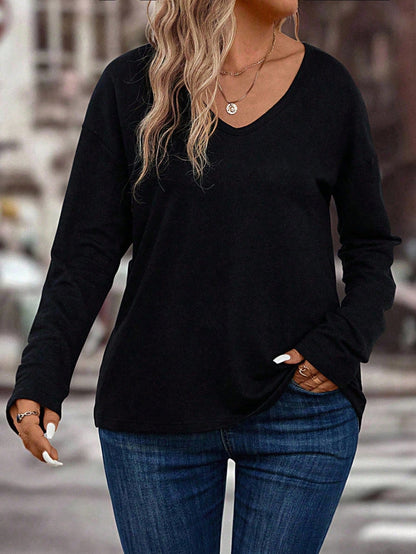 LUNE Women's Casual V-Neck Long Sleeve All-Match T-Shirt, Plus Size, Autumn/Winter Fall