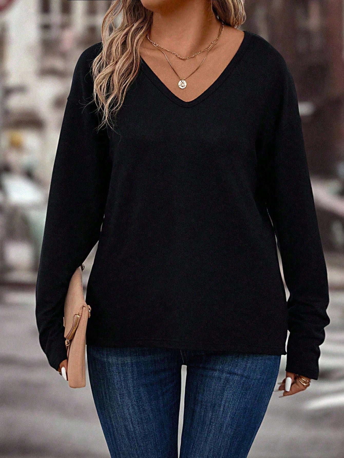 LUNE Women's Casual V-Neck Long Sleeve All-Match T-Shirt, Plus Size, Autumn/Winter Fall