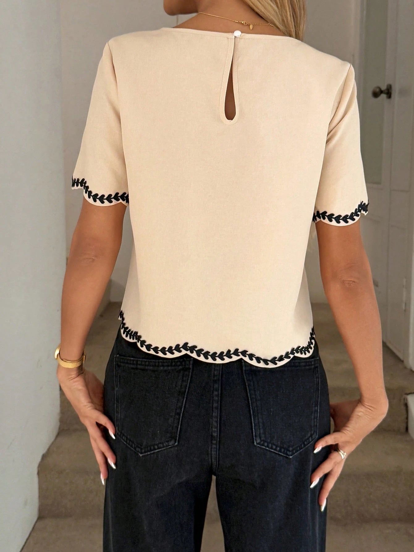 LUNE Women's Elegant Summer Beige Embroidered Ribbon Trim Short Sleeve Shirt Office Brunch Business Casual Round Neck Crop Top Teachers' Day